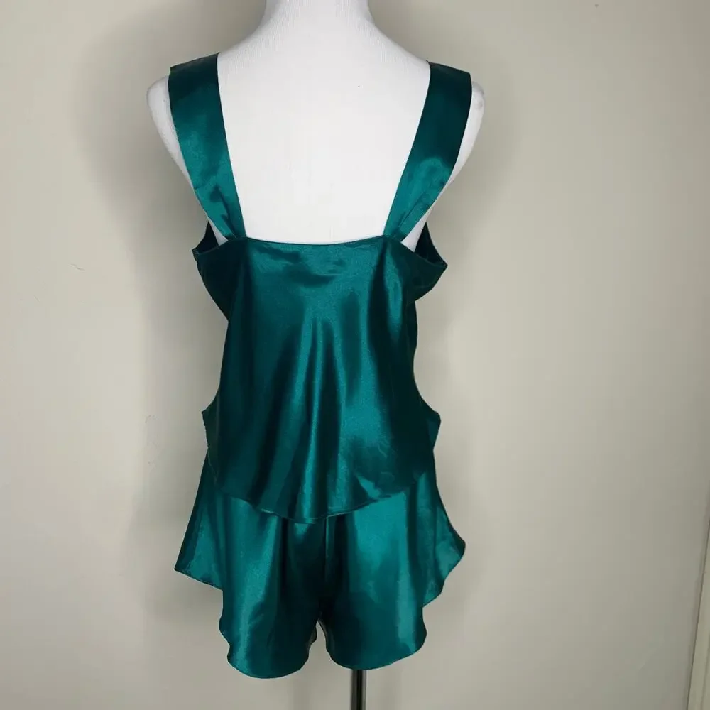Green Satin 2 Pc Tap Pants Camisole Lingerie Pajamas Nighty Vintage Small - Picture 2 of 9